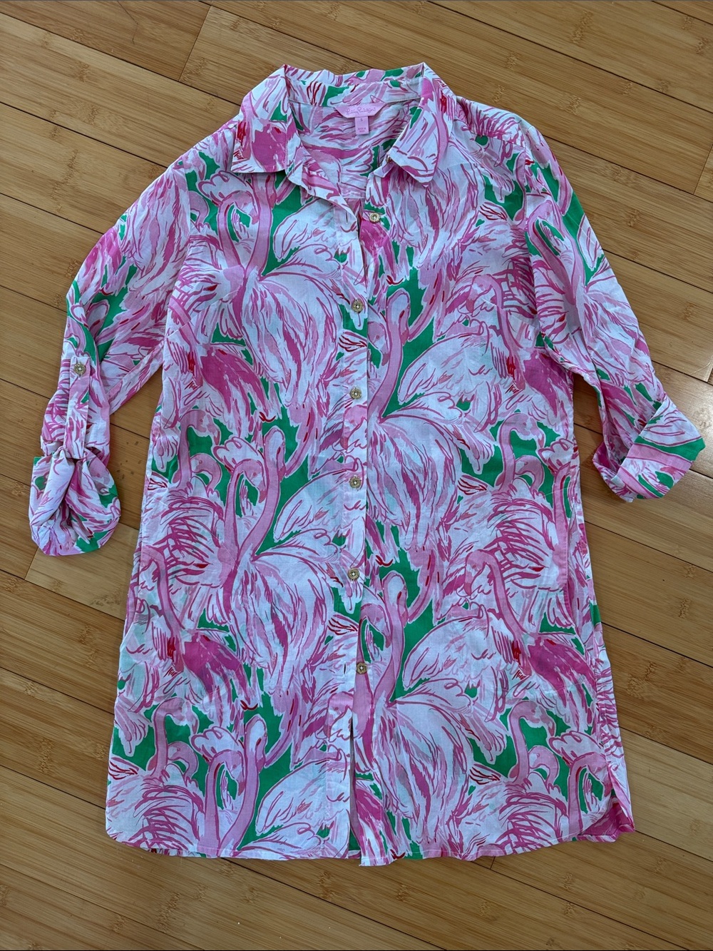 Lilly Pulitzer Pink & Green Flamingo Print Button-Front Long Sleeve Cover Up